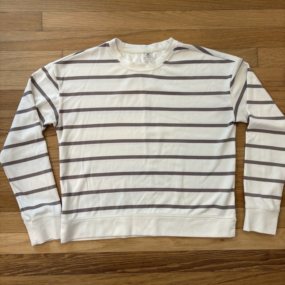 Danskin Striped Crewneck Pullover Cream White Taupe Gray Athleisure Small